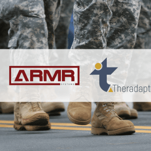 Logos for ARMR Systems, Theradaptive, and Juxtopia overlayed on an image of soldiers' legs